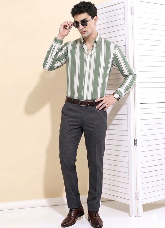 Green Thick stripe Regular Fit Casual Shirt