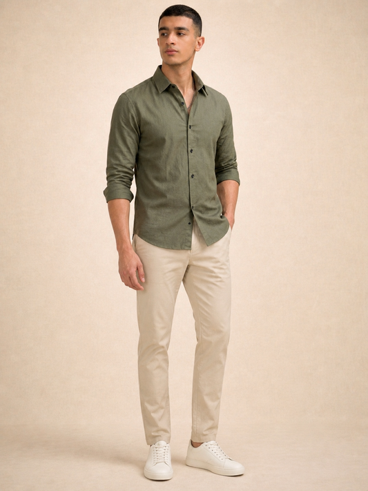 Olive Green Solid Plain Regular Fit Casual Shirt