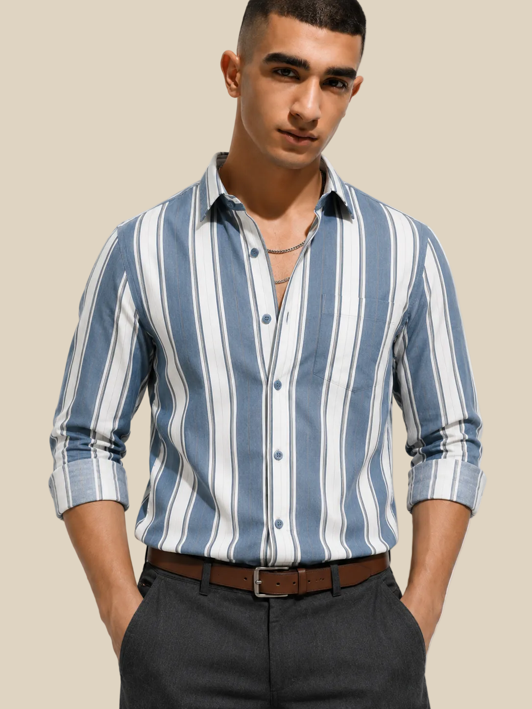 Grey Thick stripe Regular Fit  Casual  Shirt