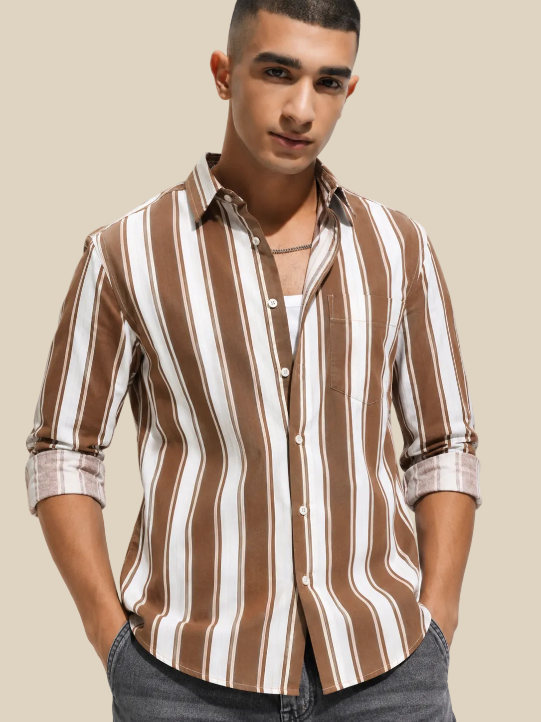 Brown Thick stripe Regular Fit  Casual  Shirt