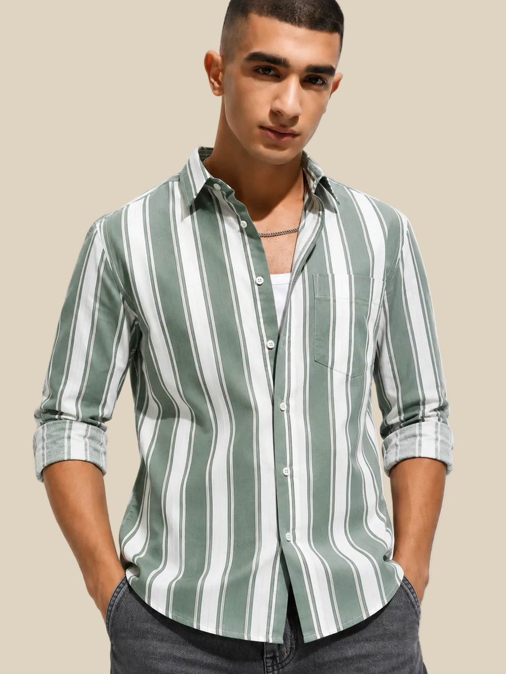 Green Thick stripe Regular Fit  Casual  Shirt