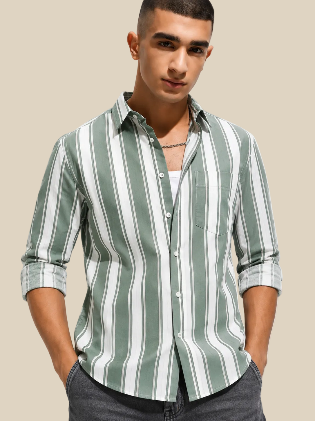 Green Thick stripe Regular Fit  Casual  Shirt
