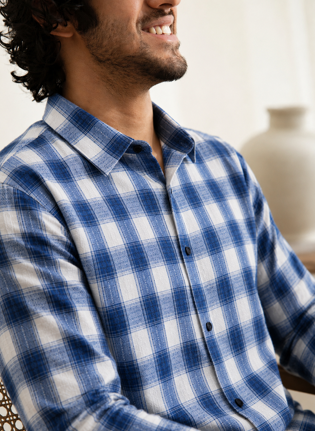Slub  heavy  Checks Blue Regular Fit Shirt