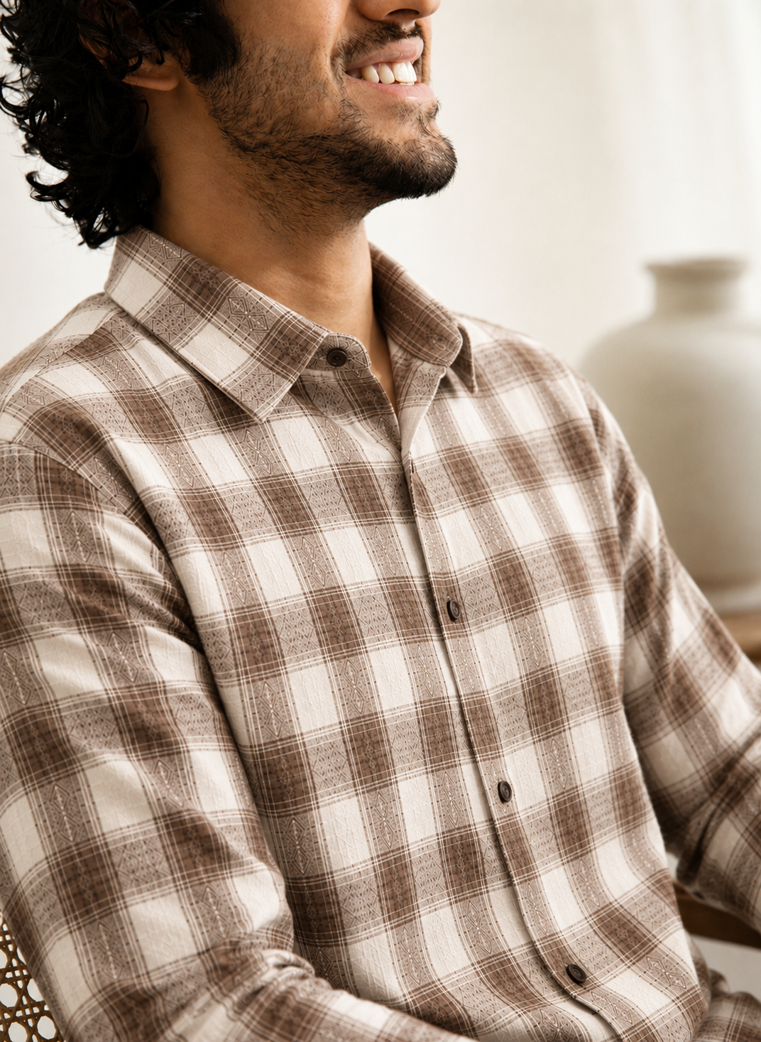 Slub  heavy  Checks Brown Regular Fit Shirt