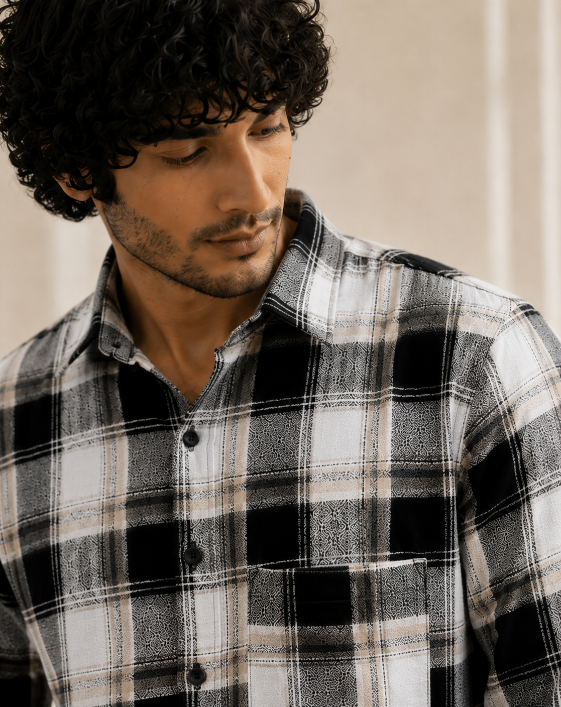 Slub Big Checks White Black Regular Fit shirts