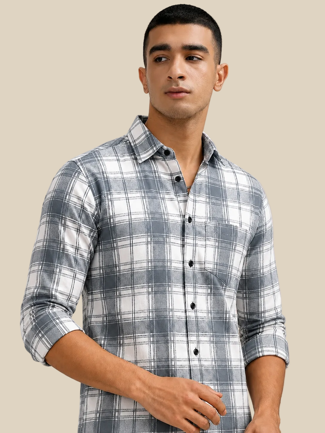 Grey Lights Checks  Regular Fit  Casual  Shirt