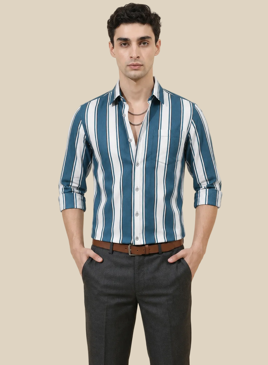 Blue Thick stripe Regular Fit  Casual  Shirt