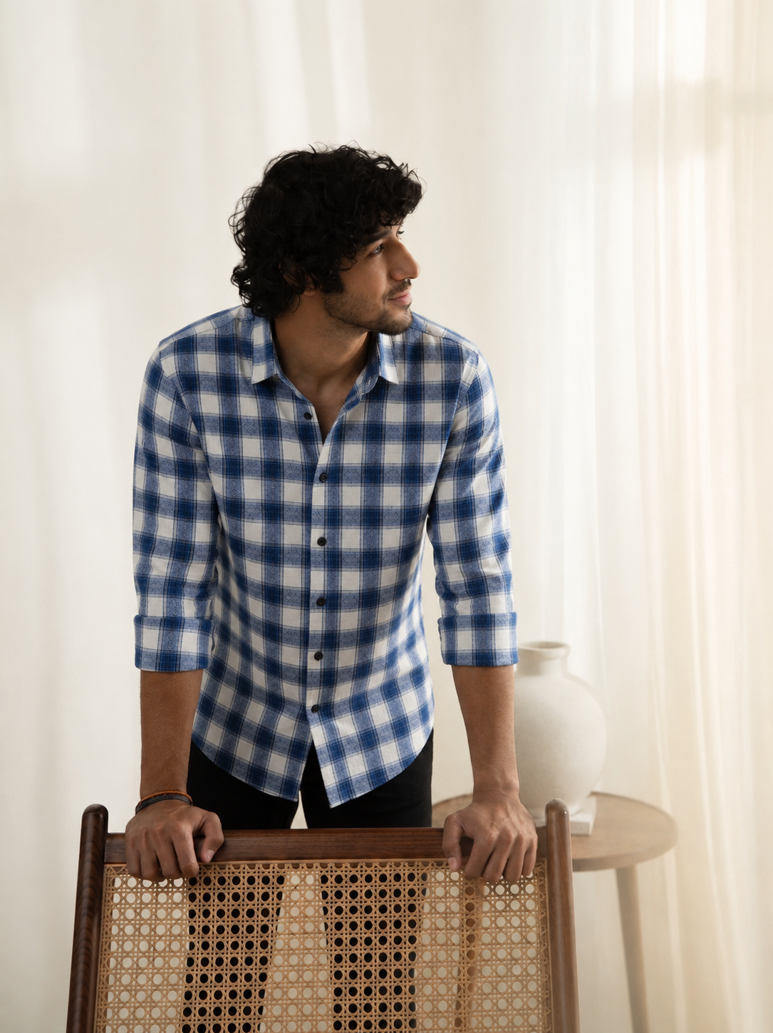 Slub  heavy  Checks Blue Regular Fit Shirt