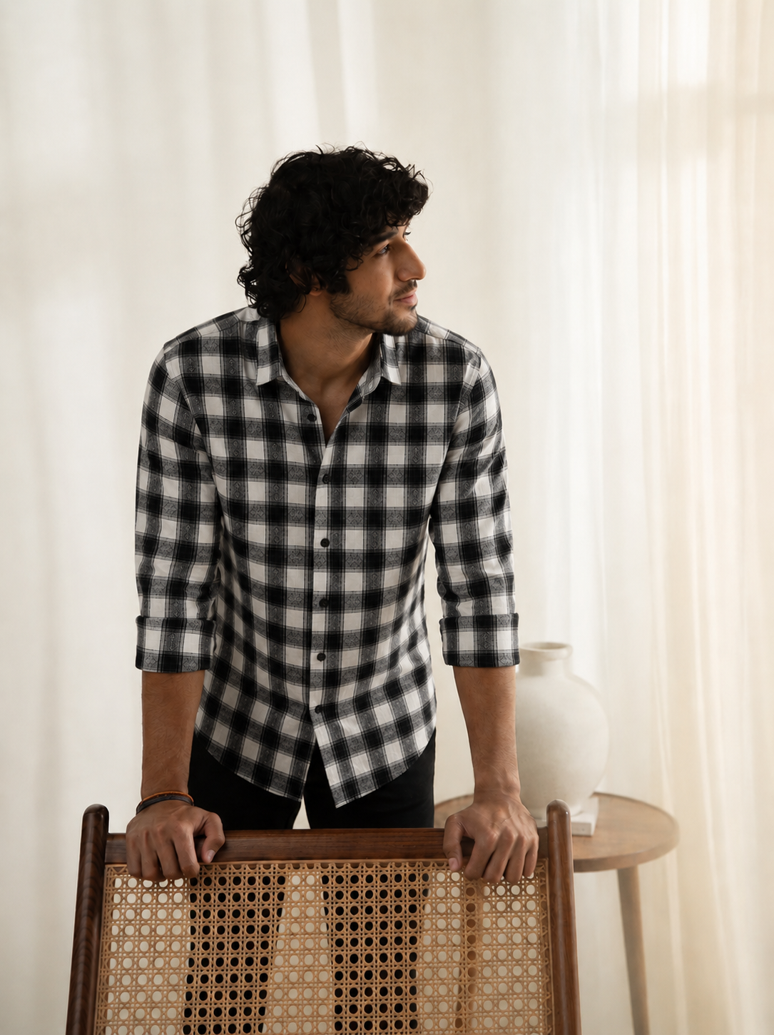 Slub  heavy  Checks Black Regular Fit Shirt