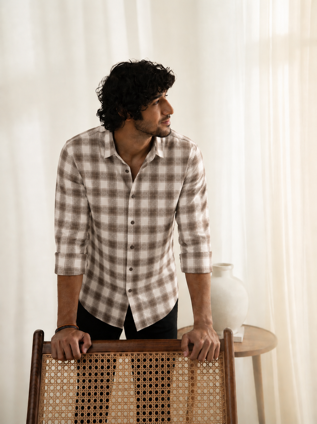 Slub  heavy  Checks Brown Regular Fit Shirt