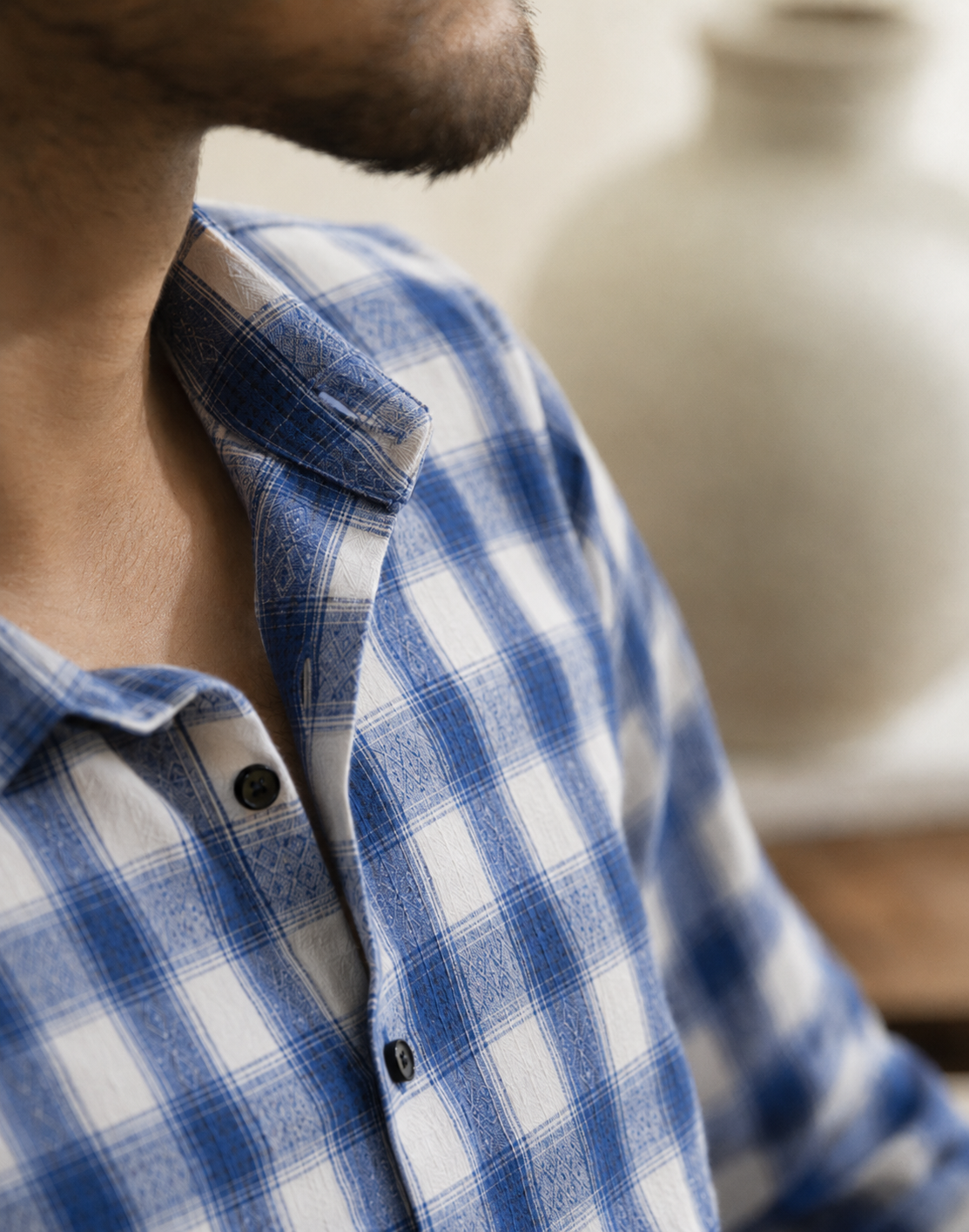 Slub  heavy  Checks Blue Regular Fit Shirt
