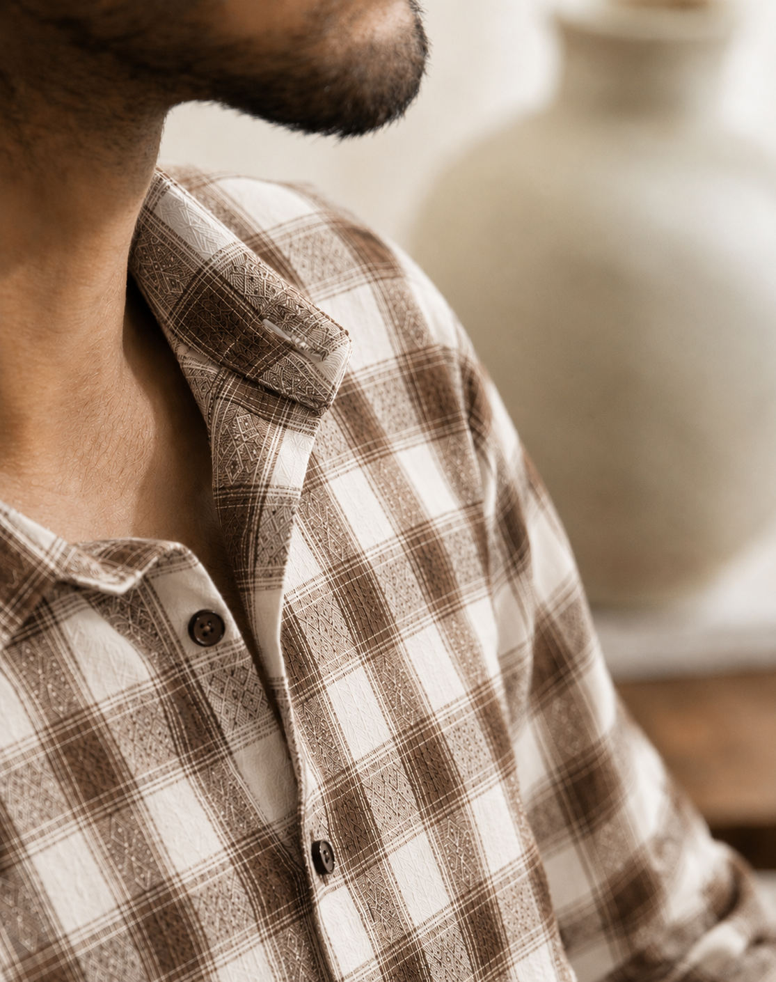 Slub  heavy  Checks Brown Regular Fit Shirt