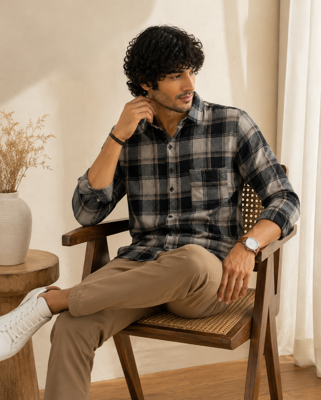 Slub Big Checks Black And Brown  Regular Fit shirts