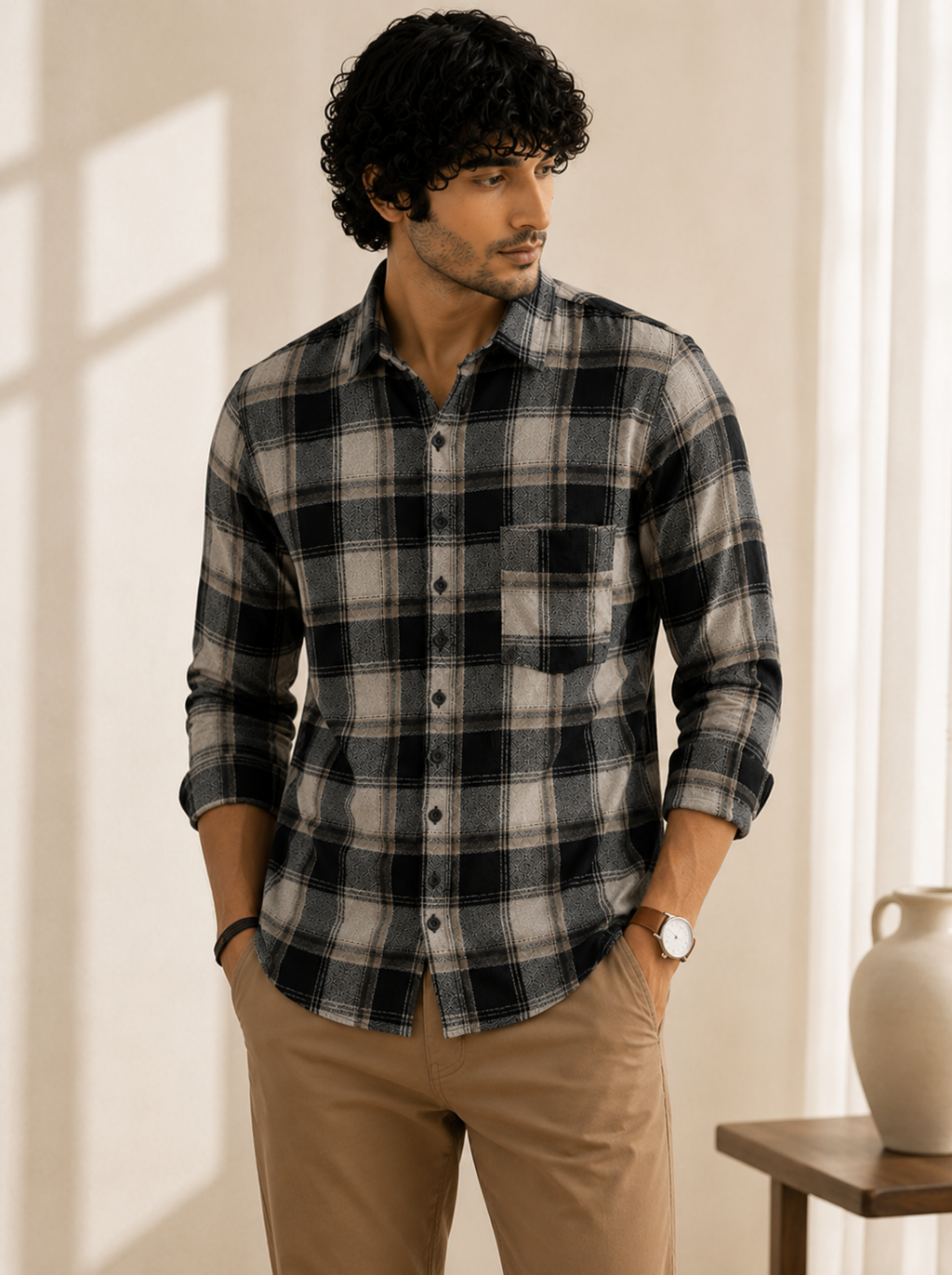 Slub Big Checks Black And Brown  Regular Fit shirts