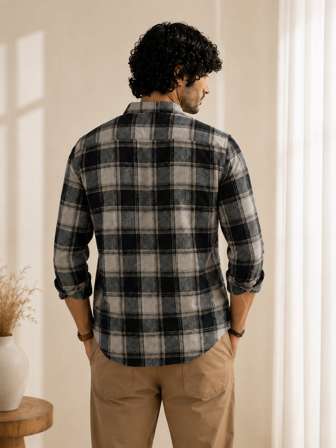 Slub Big Checks Black And Brown  Regular Fit shirts