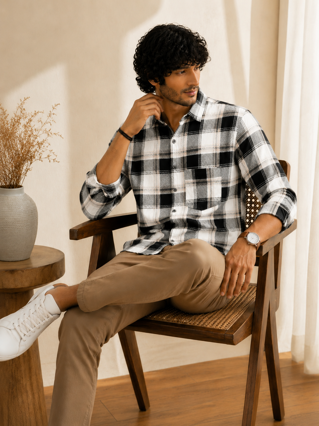 Slub Big Checks White Black Regular Fit shirts