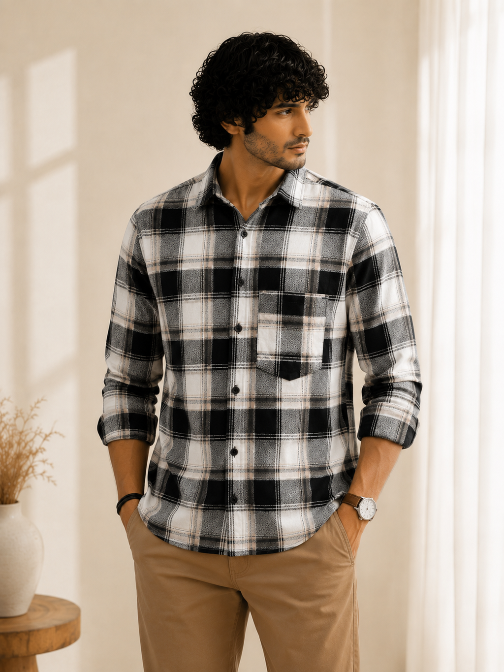 Slub Big Checks White Black Regular Fit shirts