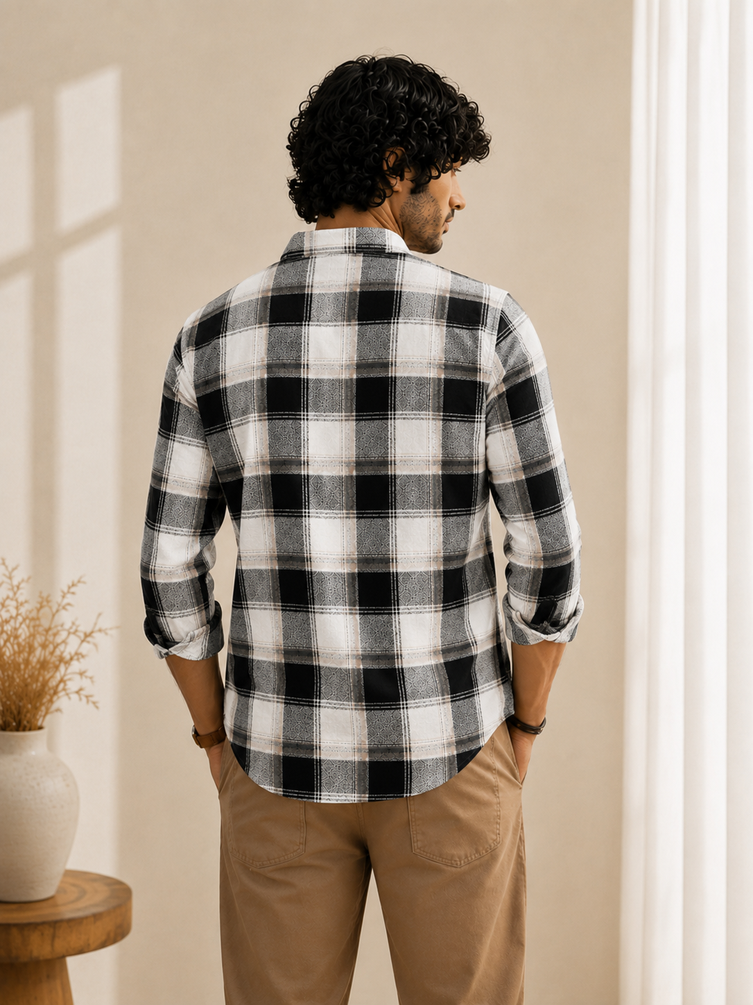 Slub Big Checks White Black Regular Fit shirts