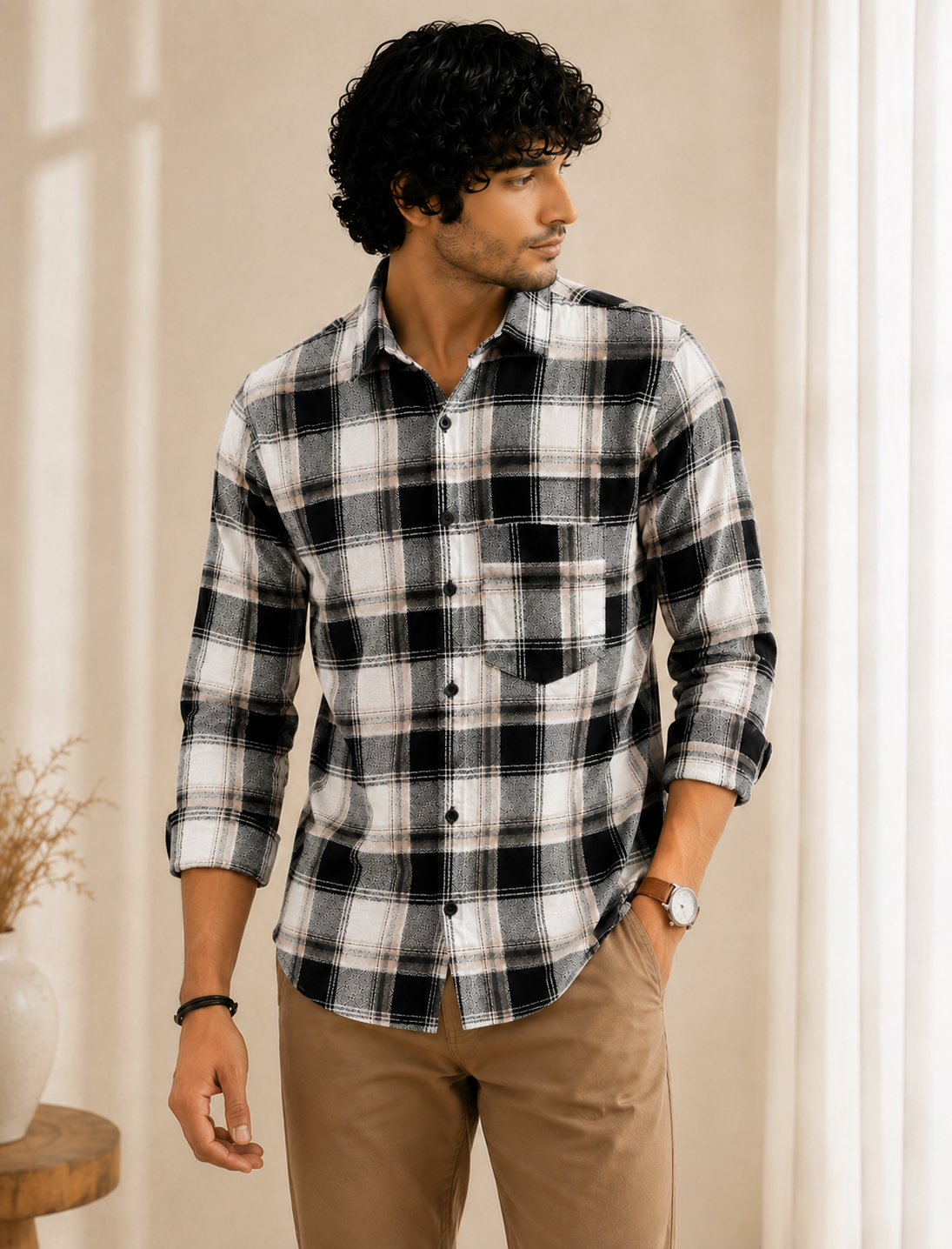 Slub Big Checks White Black Regular Fit shirts