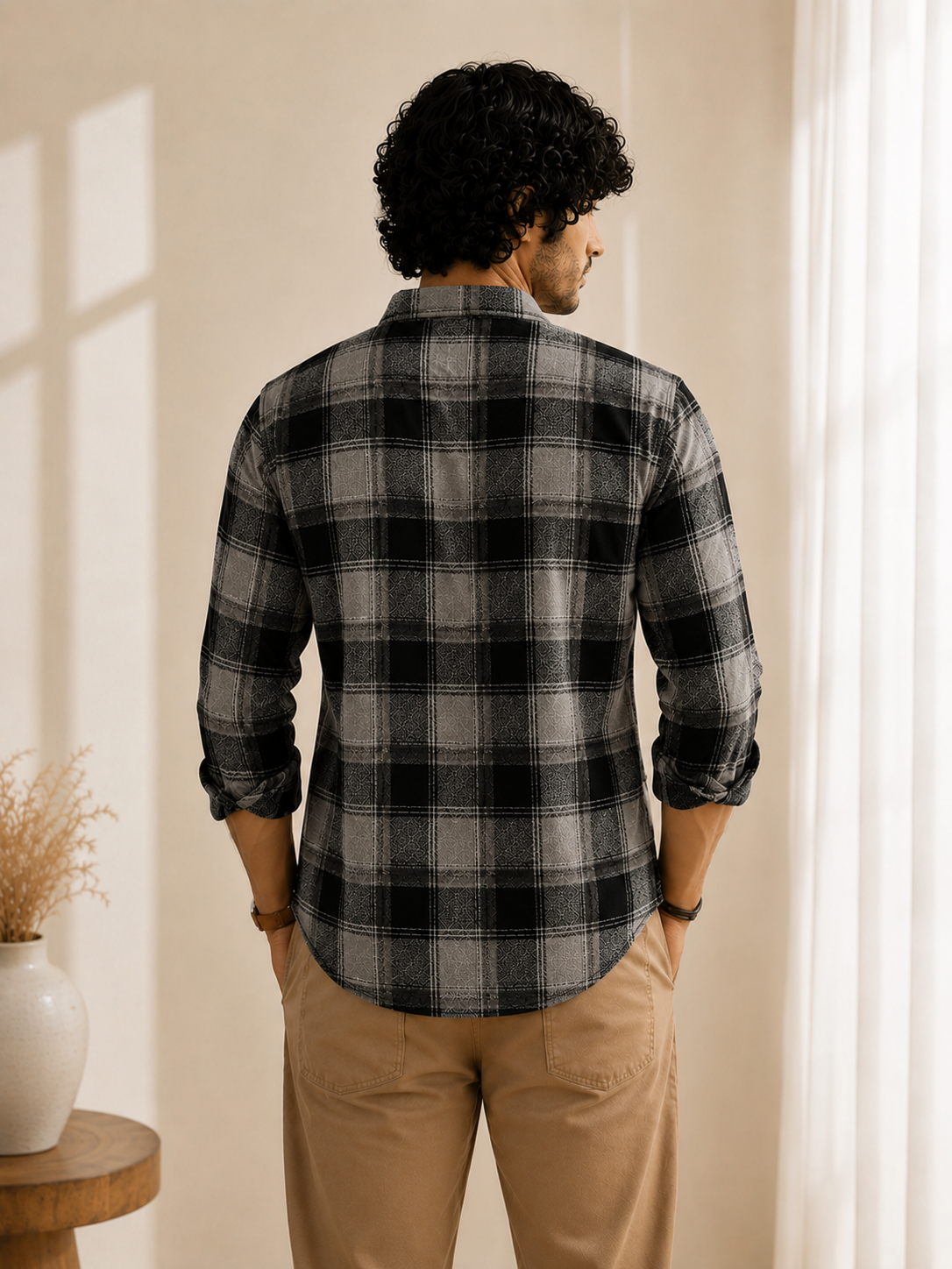 Slub Big Checks Grey Black Regular Fit shirts