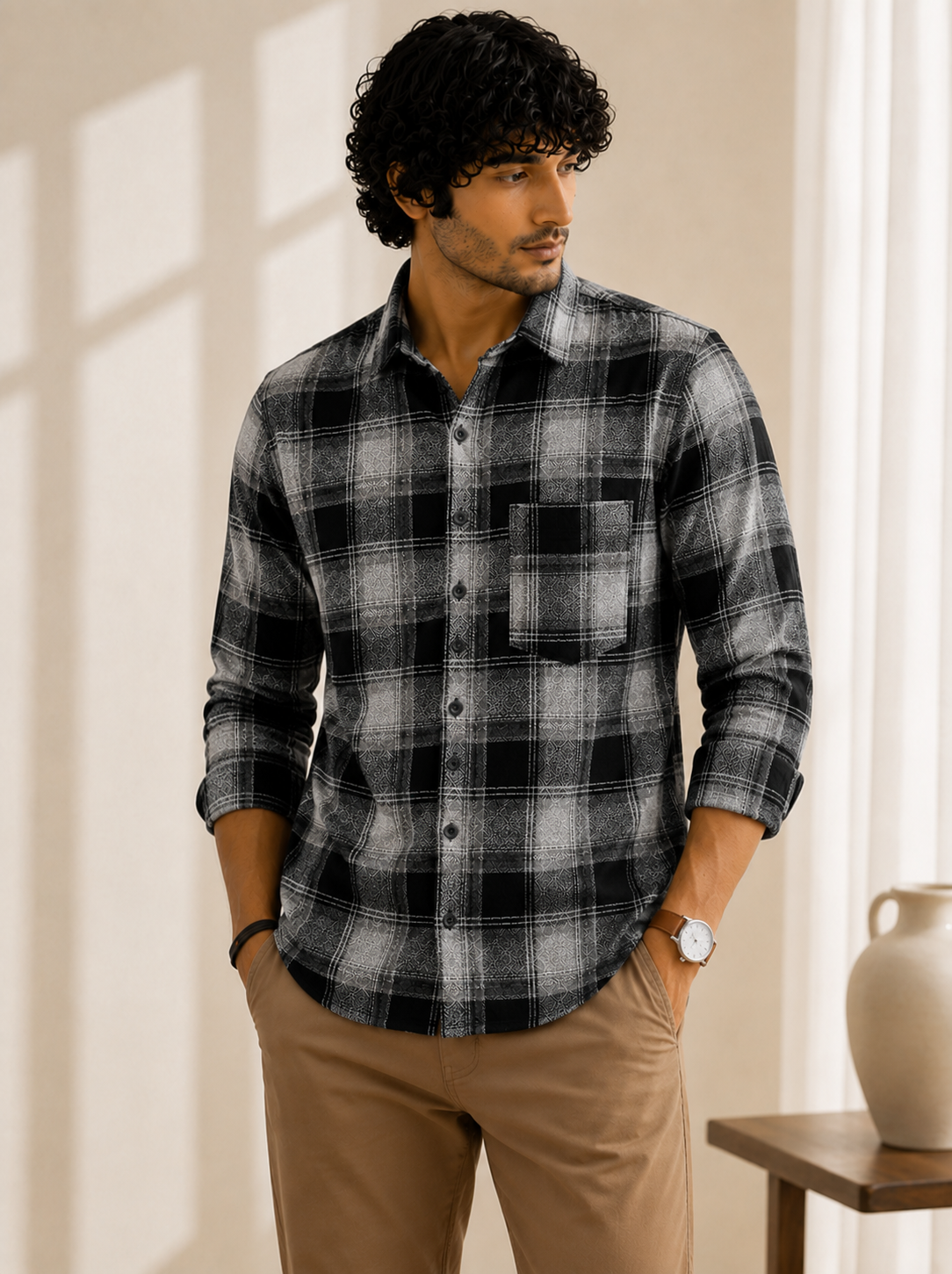 Slub Big Checks Grey Black Regular Fit shirts