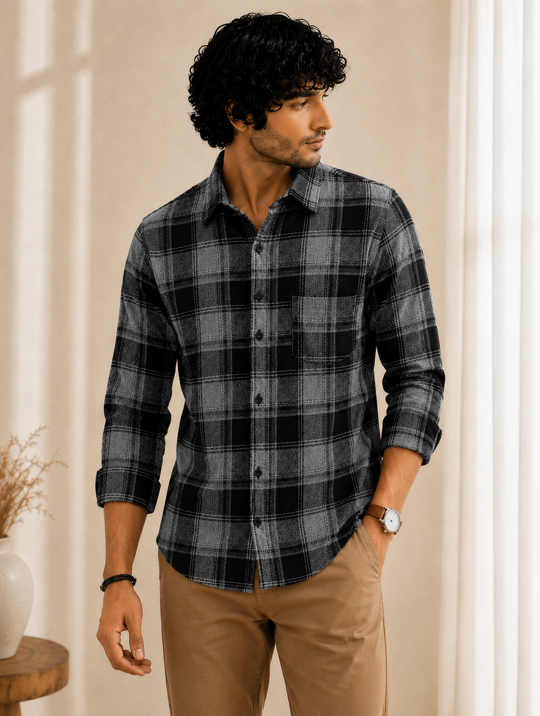 Slub Big Checks Grey Black Regular Fit shirts