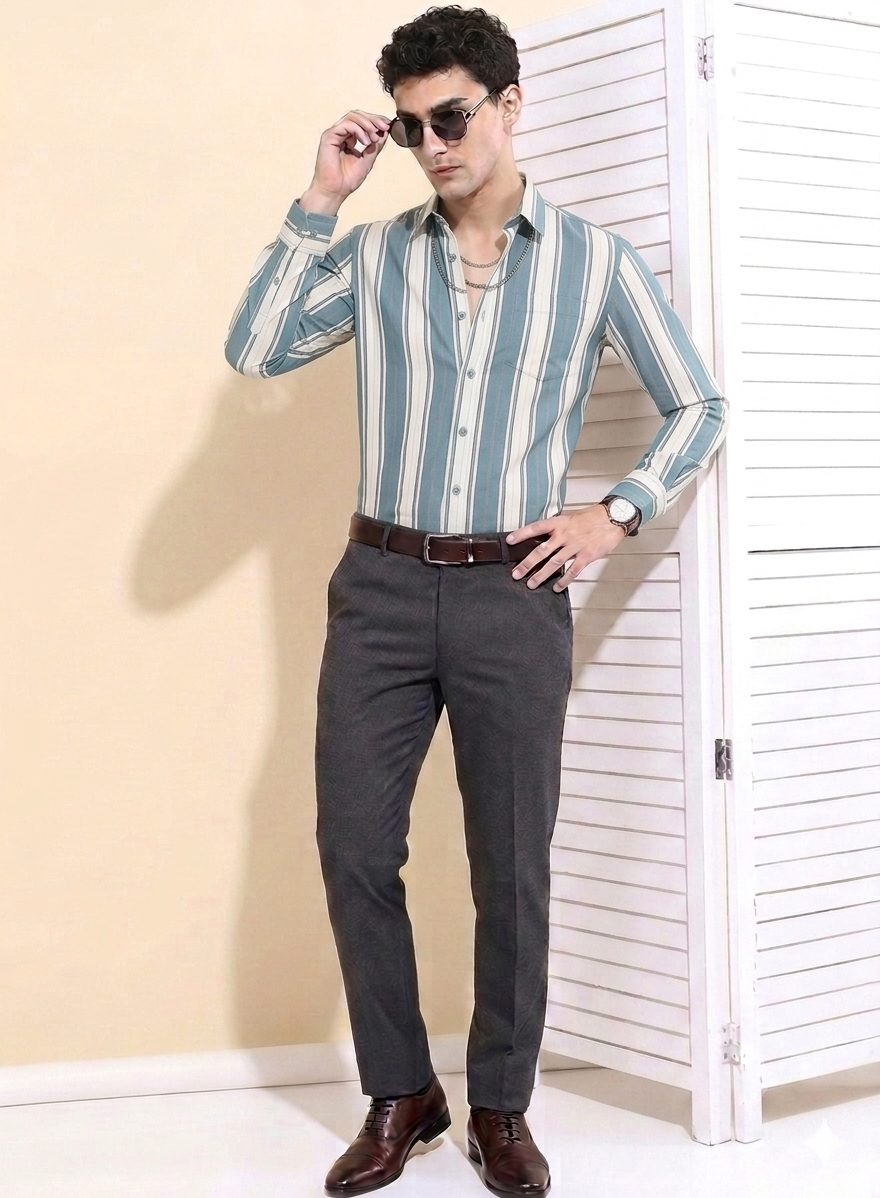 Grey Thick stripe Regular Fit  Casual  Shirt