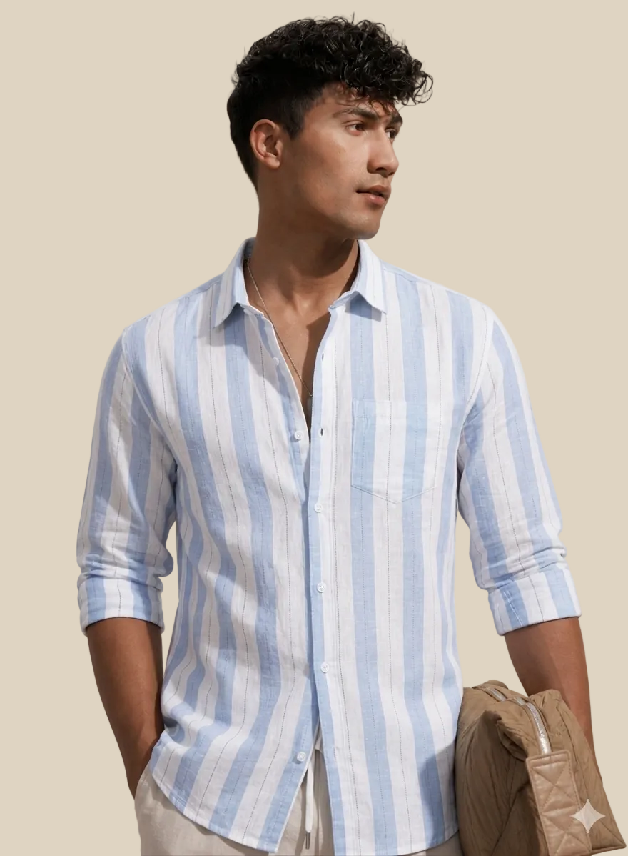 Slub stripe BlueRegular Fit  Casual  Shirt
