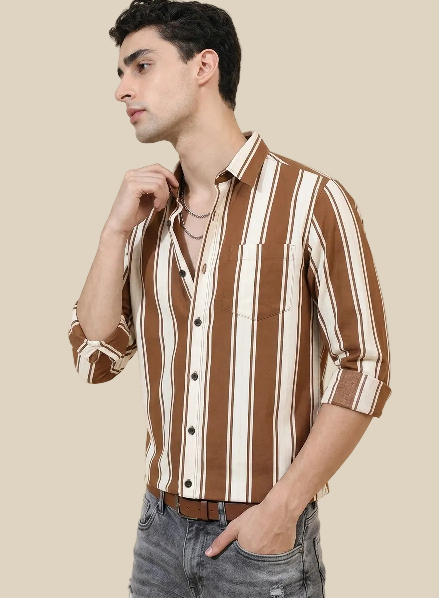 Brown Thick stripe Regular Fit  Casual  Shirt