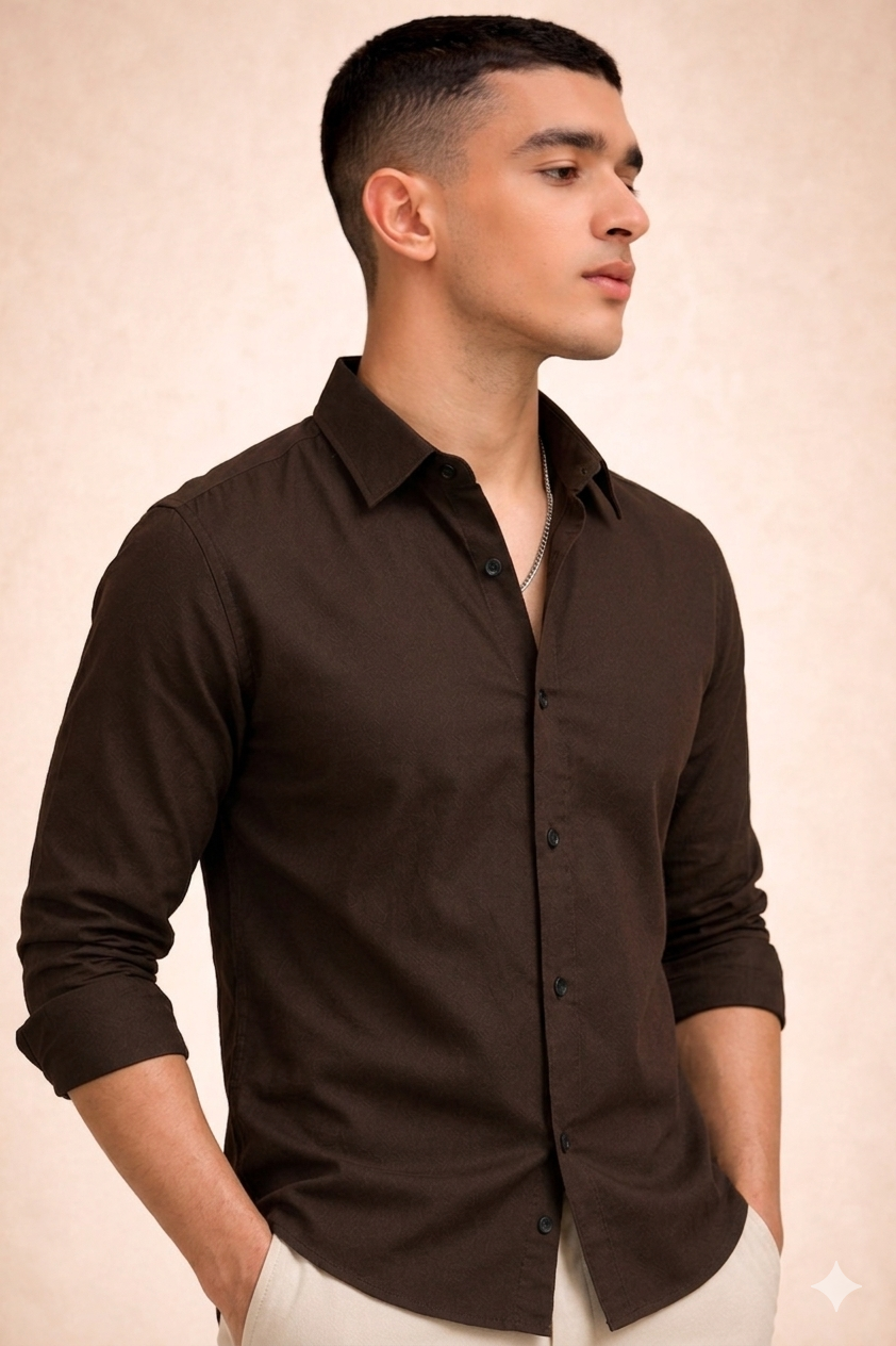 Brown Solid Plain Regular Fit Casual Shirt