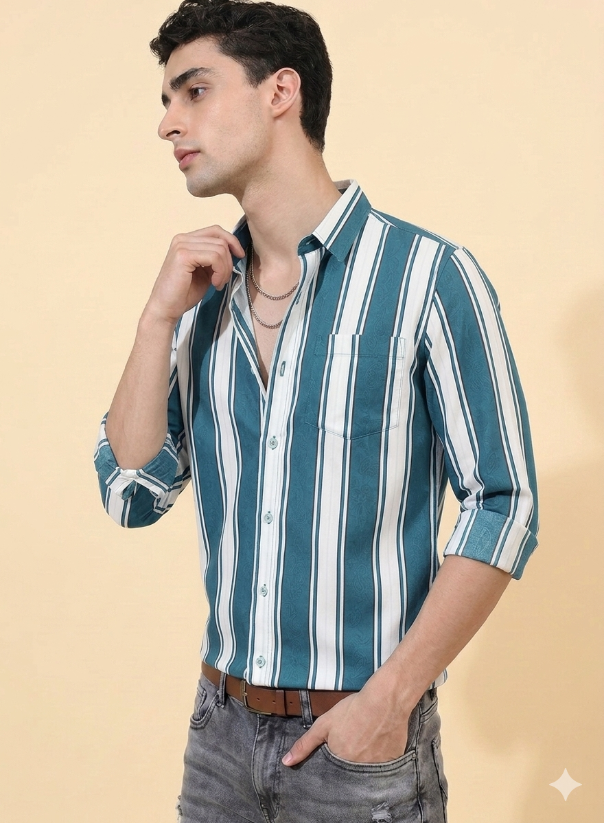 Blue Thick stripe Regular Fit  Casual  Shirt