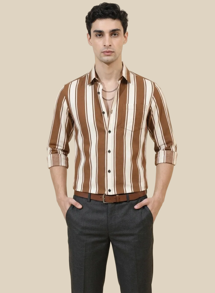 Brown Thick stripe Regular Fit  Casual  Shirt