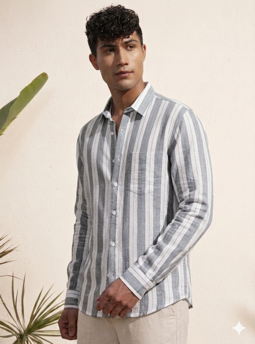 Slub stripe Grey Regular Fit  Casual  Shirt