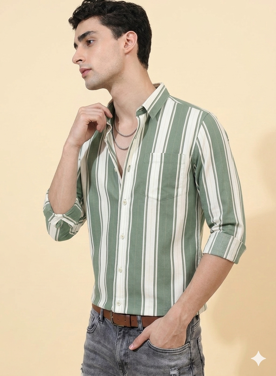 Green Thick stripe Regular Fit  Casual  Shirt