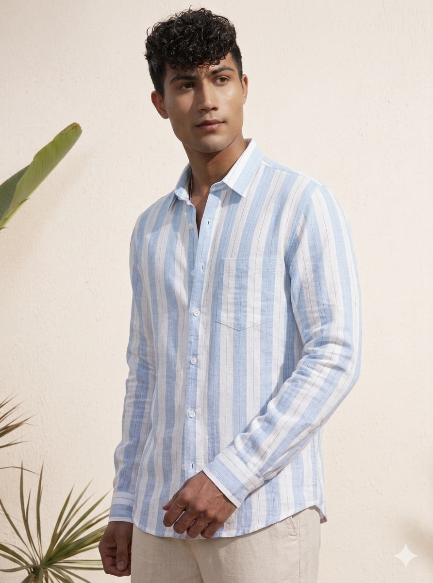 Slub stripe BlueRegular Fit  Casual  Shirt