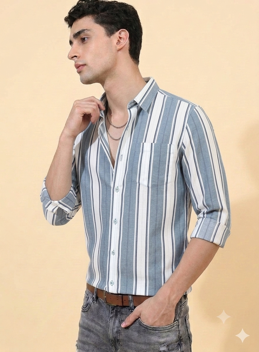 Grey Thick stripe Regular Fit  Casual  Shirt