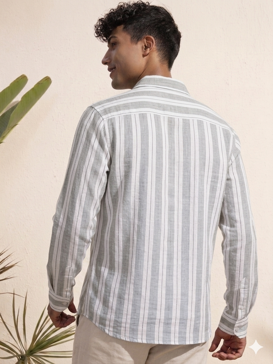 Slub stripe Grey Regular Fit  Casual  Shirt
