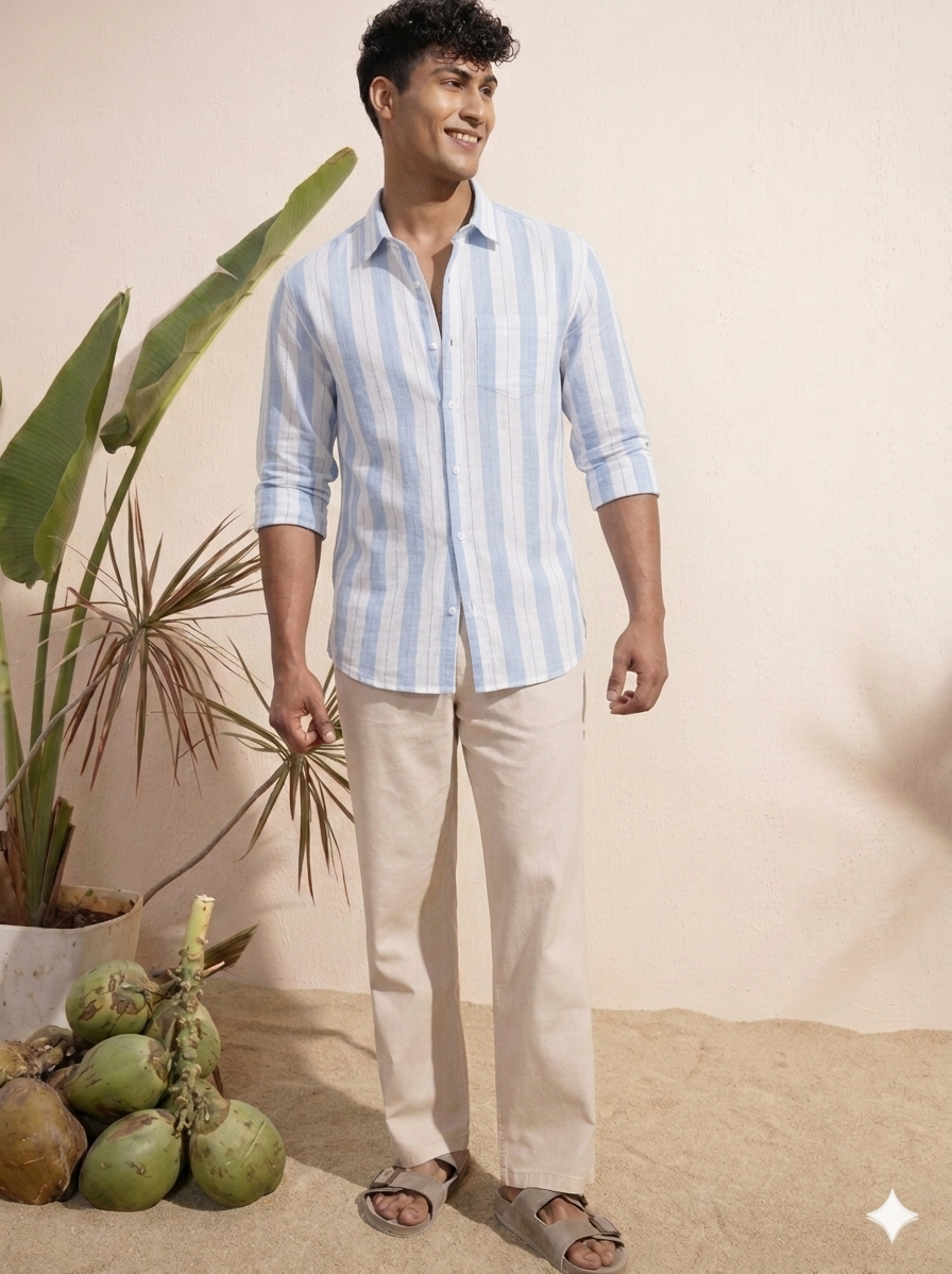 Slub stripe BlueRegular Fit  Casual  Shirt