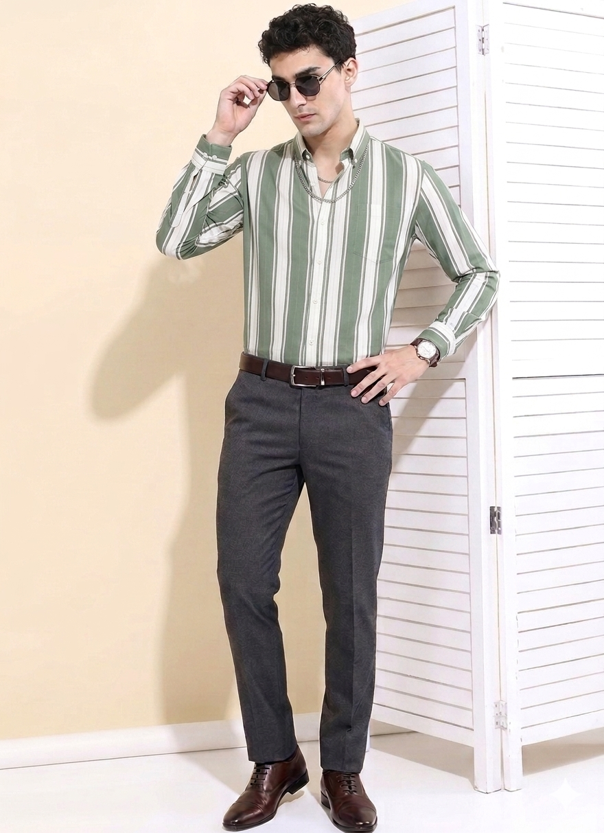 Green Thick stripe Regular Fit  Casual  Shirt