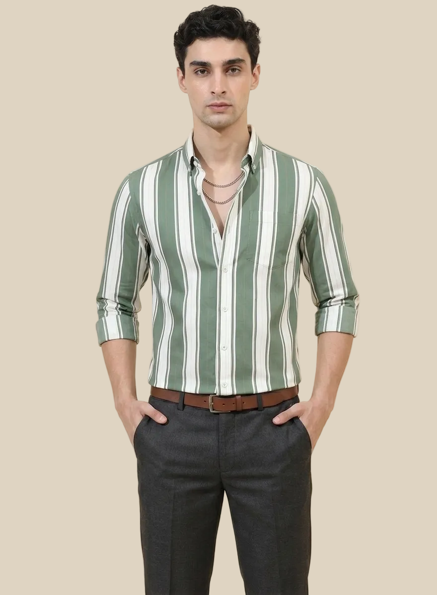 Green Thick stripe Regular Fit  Casual  Shirt