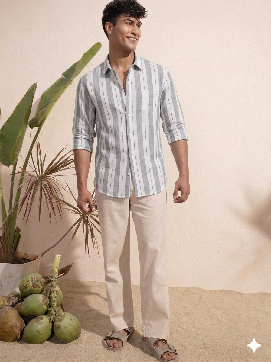 Slub stripe Grey Regular Fit  Casual  Shirt