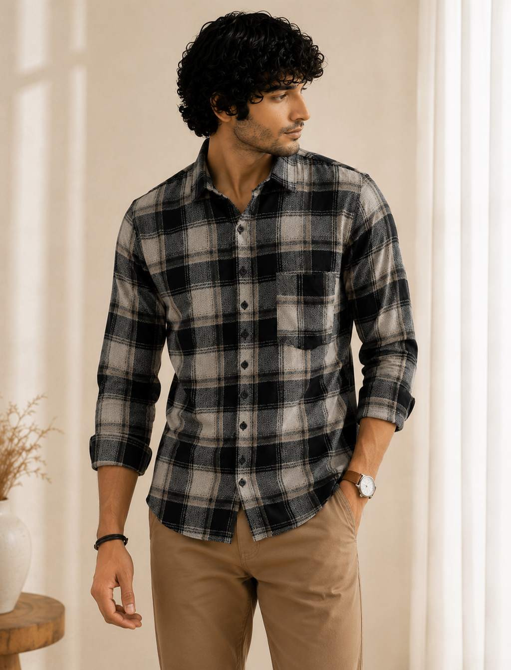 Slub Big Checks Black And Brown  Regular Fit shirts