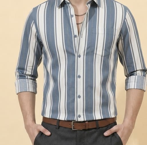 Grey Thick stripe Regular Fit  Casual  Shirt