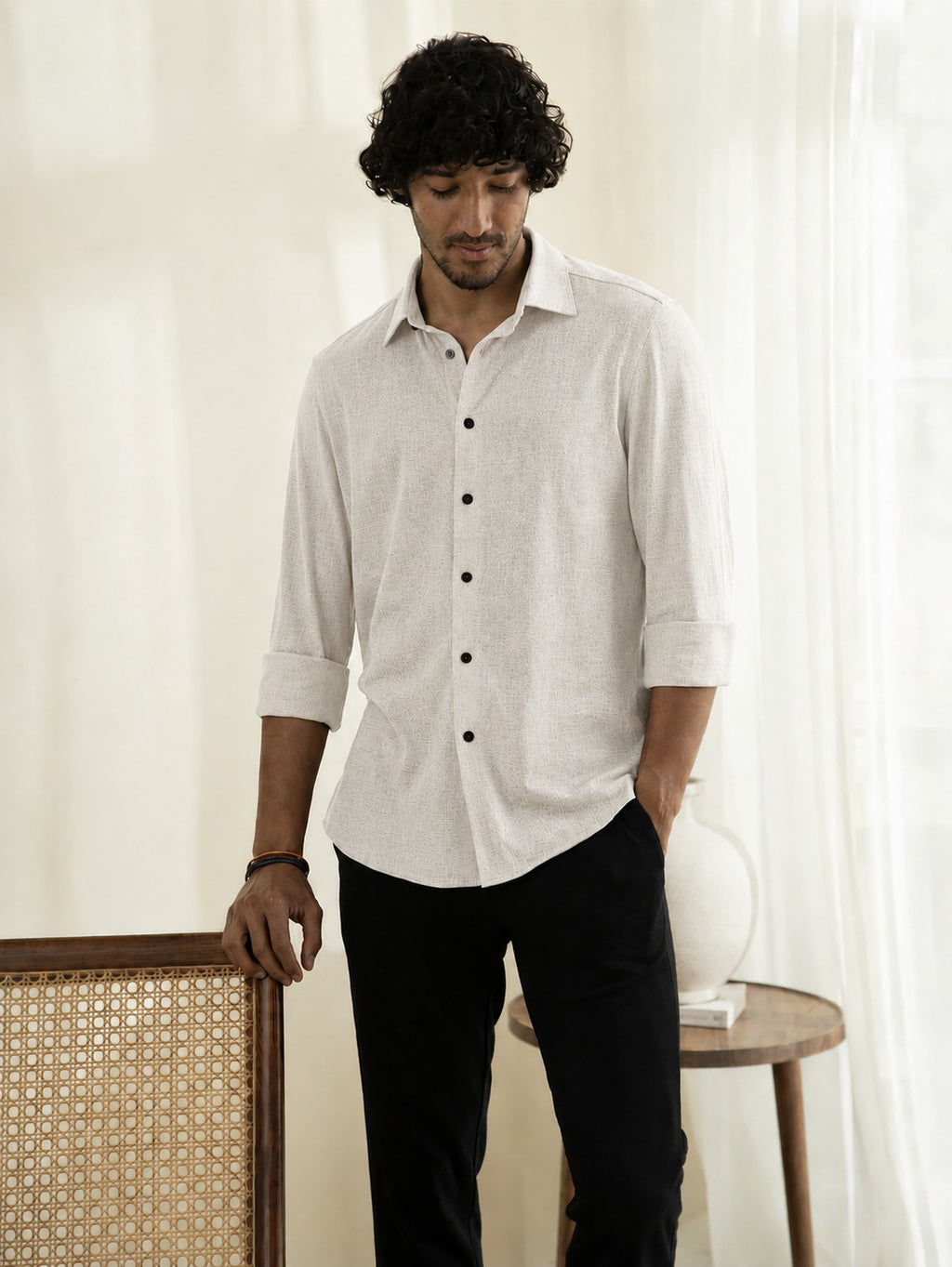 Slub Plain Solid  Off White Regular Fit Shirt