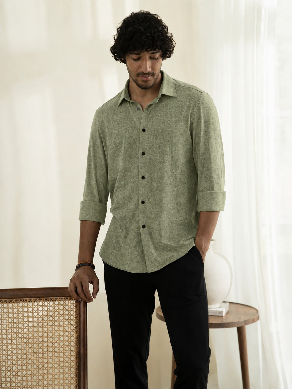 Slub Plain Solid  Green Regular Fit Shirt