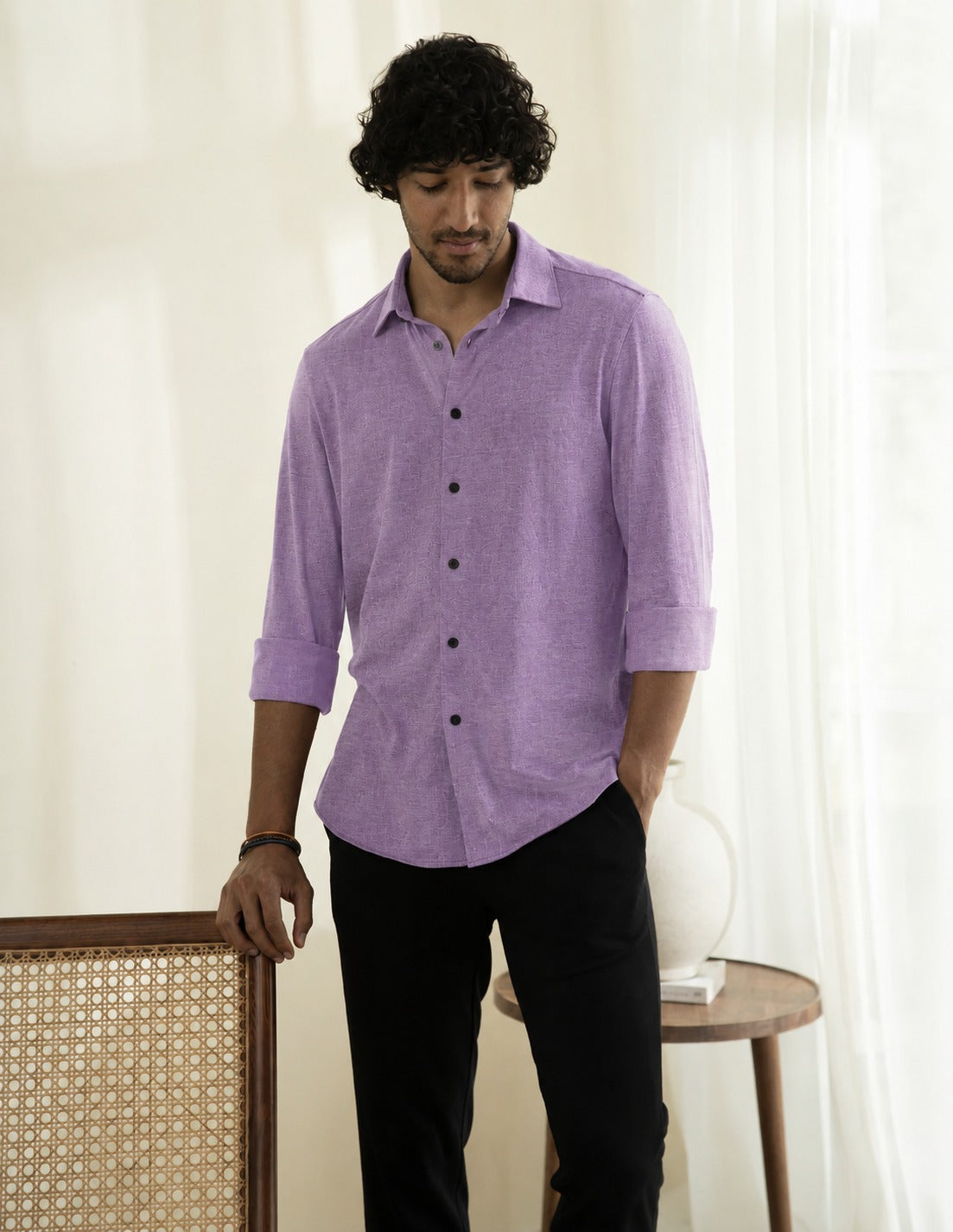 Slub Plain Solid  Purple Regular Fit Shirt