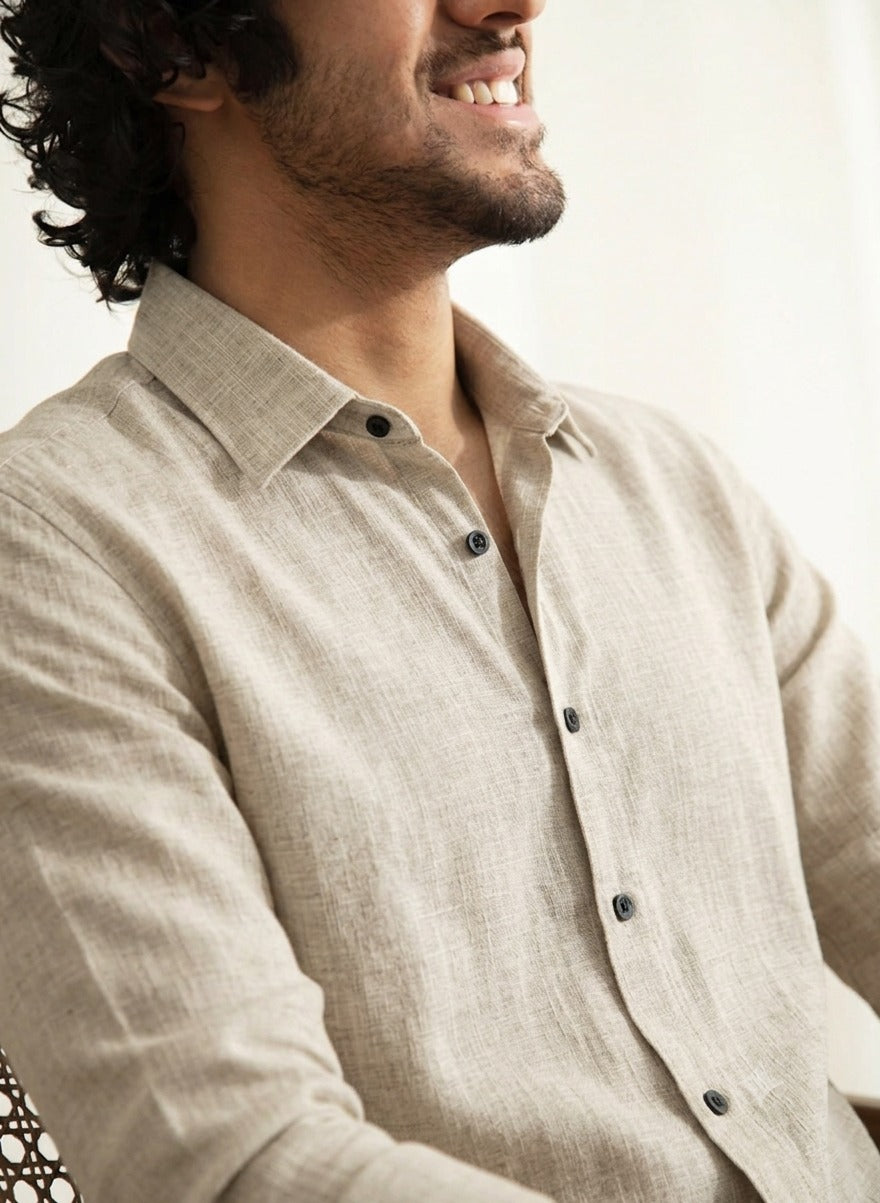 Slub Plain Solid  Off White Regular Fit Shirt