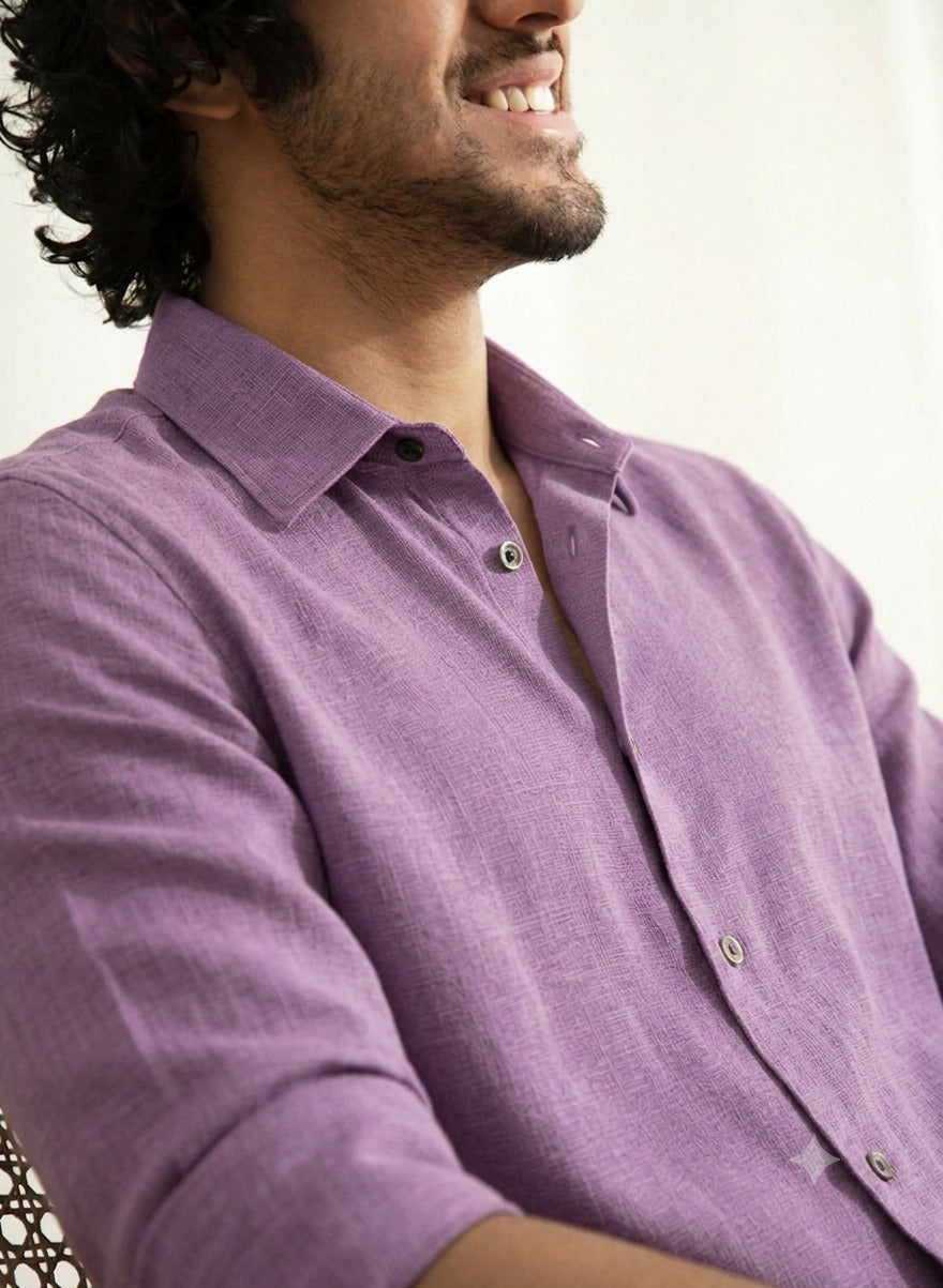 Slub Plain Solid  Purple Regular Fit Shirt
