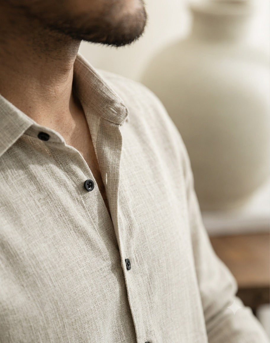 Slub Plain Solid  Off White Regular Fit Shirt