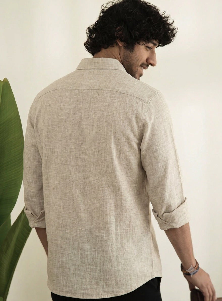 Slub Plain Solid  Off White Regular Fit Shirt